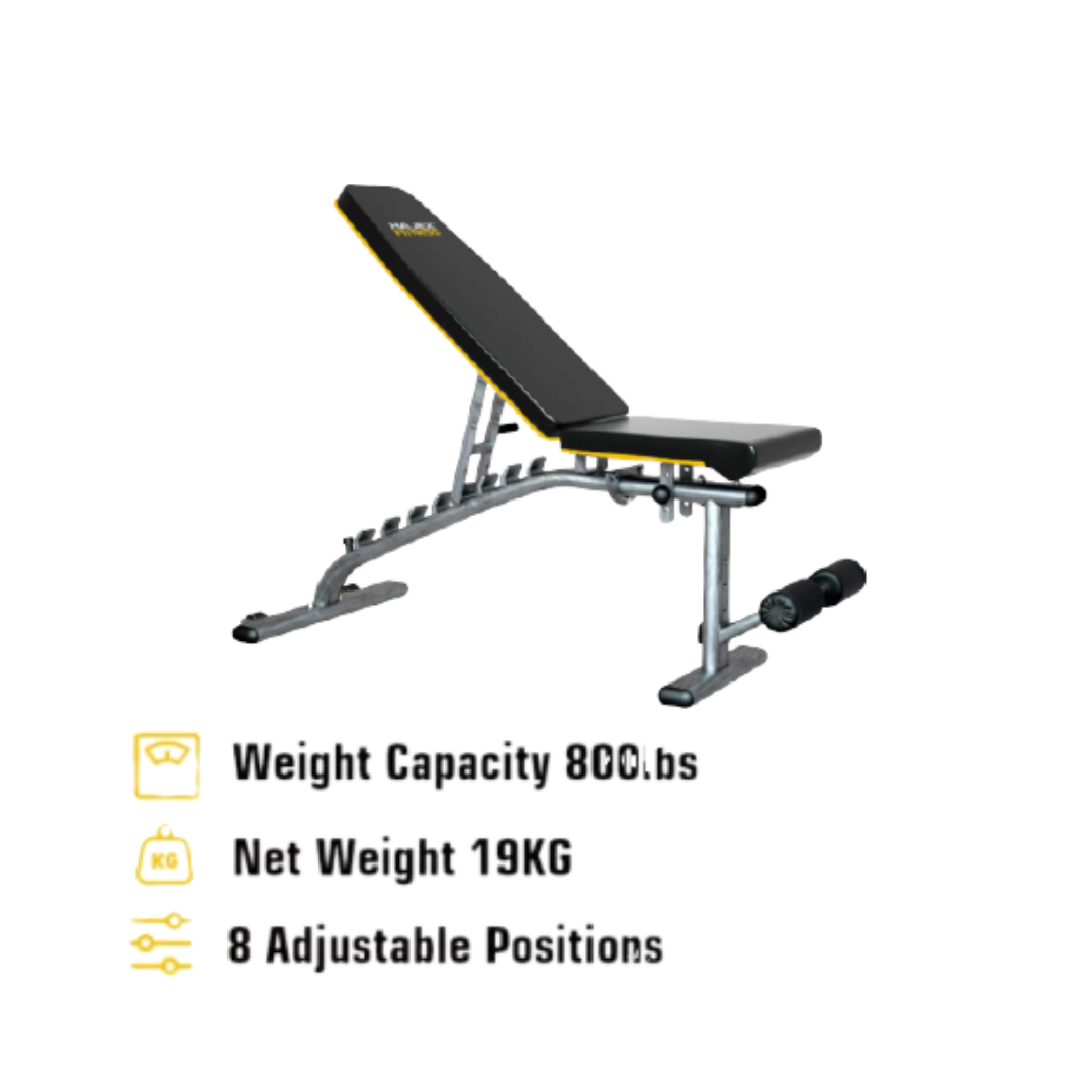 Squat Rack, Bench, Barbell & Weight Plates Stack