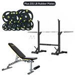 Squat Rack, Bench, Barbell & Weight Plates Stack