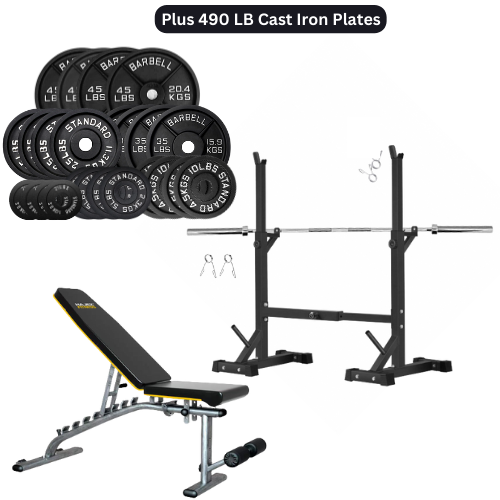Squat Rack, Bench, Barbell & Weight Plates Stack