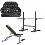 Squat Rack, Bench, Barbell & Weight Plates Stack
