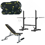 Squat Rack, Bench, Barbell & Weight Plates Stack