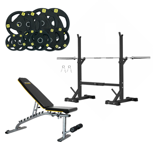 Squat Rack, Bench, Barbell & Weight Plates Stack